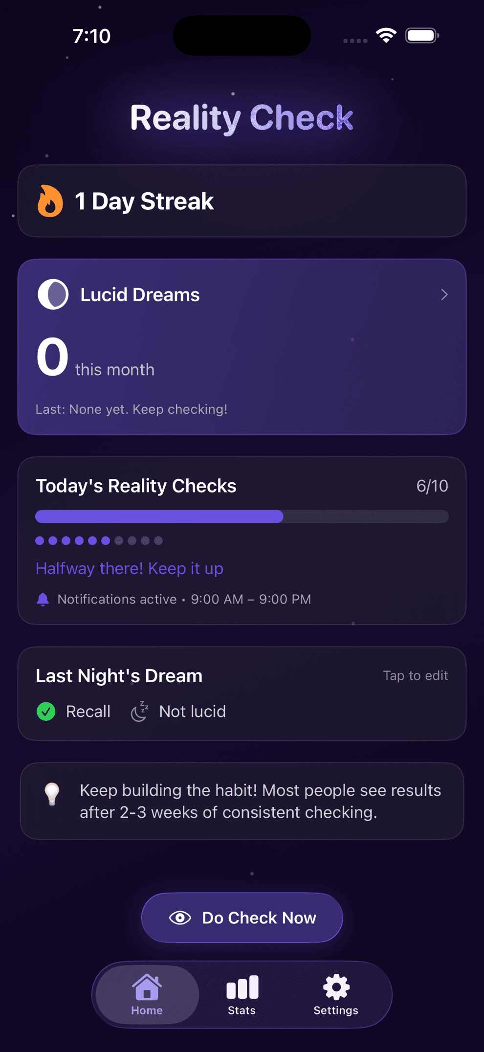 Reality Check notification with diverse prompts
