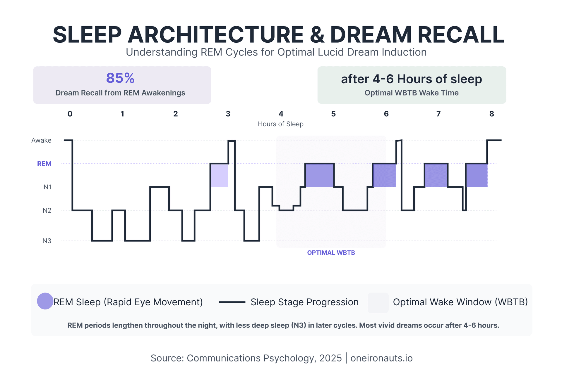 Sleep architecture diagram showing 8 hours of sleep stages (N1, N2, N3, REM) across multiple cycles. REM periods lengthen throughout the night. Highlights 85% dream recall from REM awakenings and optimal WBTB wake window after 4-6 hours.
